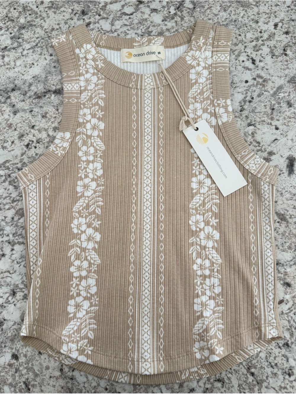 Ocean Drive Beige Floral Ribbed Tank Top